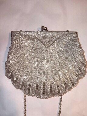 Vintage Walborg Silver Beaded Evening Bag Kiss Lock Chain Strap Interior Pocket